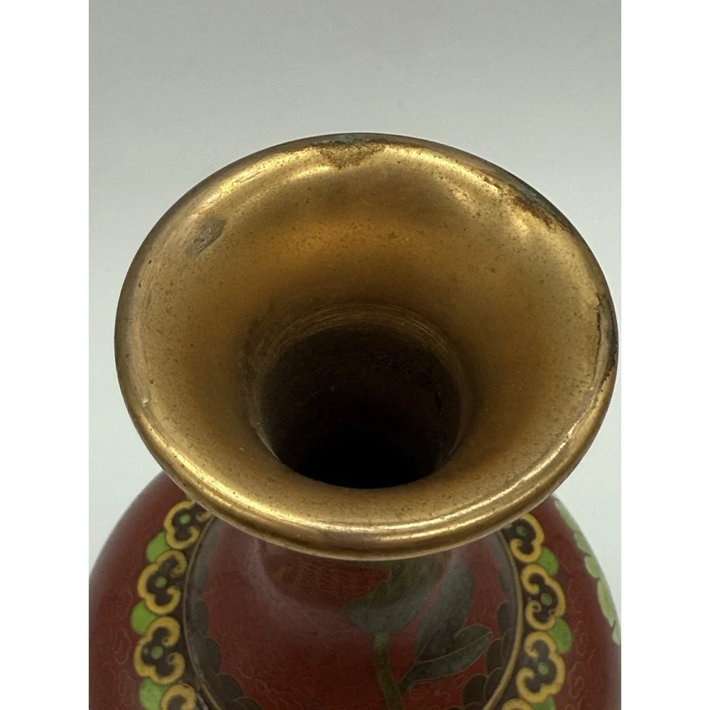 Vintage Jingfa Chinese Enamel on Brass Cloisonné‎ Red Floral Vase 8.25